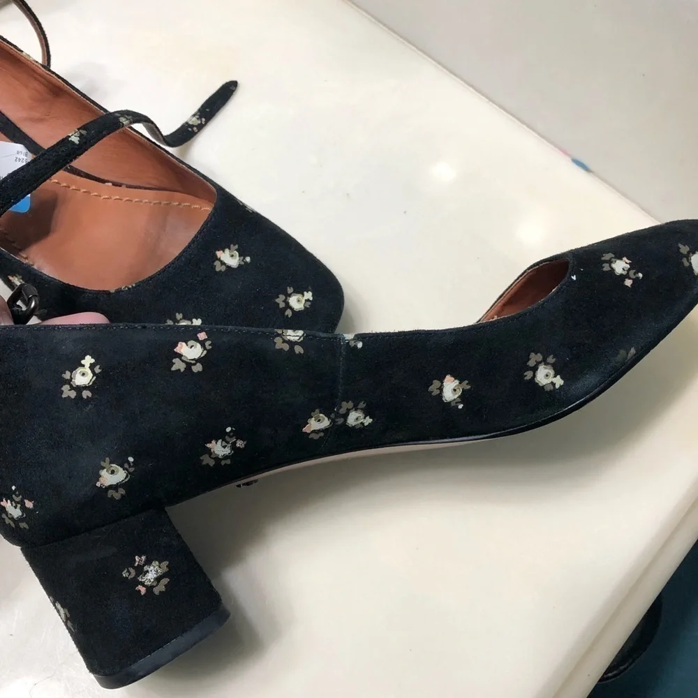 Coach shoes black Ankle Strap Pump Prairie floral chunky heel cottagecore chic - Picture 10 of 16